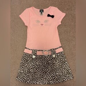 Charming Pink Cat Face Dress with Leopard Skirt